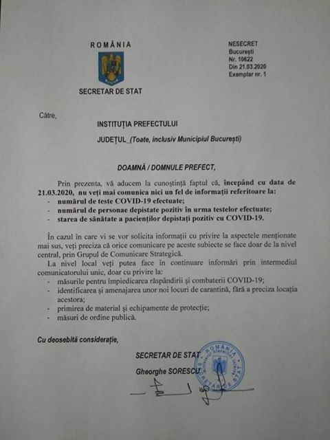 Grupul de Comunicare Strategică nu le mai dă voie prefecturilor să dea informații despre testele efectuate şi despre pacienţii cu COVID – 19
