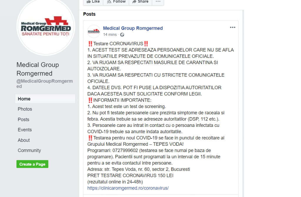 O clinică din București promite teste pentru coronavirus. În țară, sunt acreditate doar șapte centre, iar clinica nu este printre ele