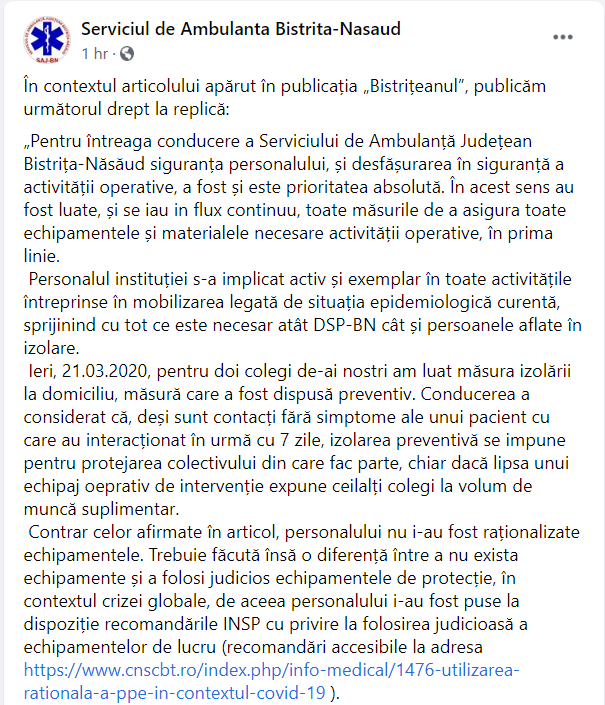 Angajați de la Serviciul de Ambulanță din Bistrița-Năsăud, izolați după ce au intrat în contact cu un pacient infectat cu COVID-19