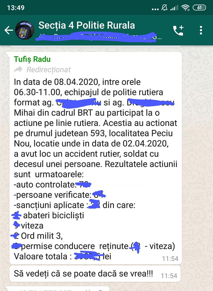 Mesaje interne din Poliție cu dovada că șefii le cer să aplice mai multe sancțiuni în Starea de Urgență. Comisar șef: ”Vedeți că se poate când se vrea”. Agent: ”Și eu mai mint, dar nici chiar așa”