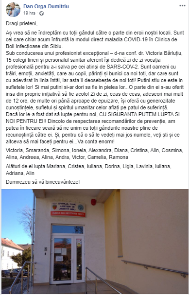 Mesajul emoționant al unui medic din Sibiu pentru doctorii din prima linie:  ”Puţini şi-ar dori să fie în pielea lor”