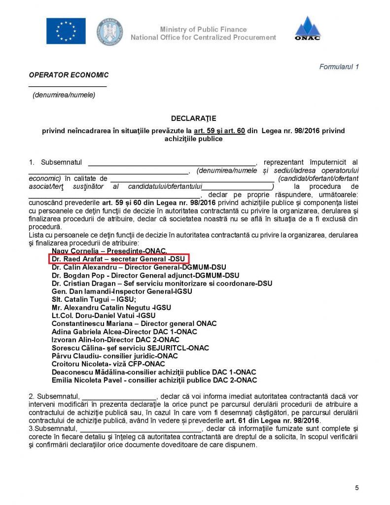 Numele lui Raed Arafat apare pe documentele de cumpărare de măști de protecție supraevaluate pentru COVID-19. El ceruse recent imunitate la achizițiile medicale