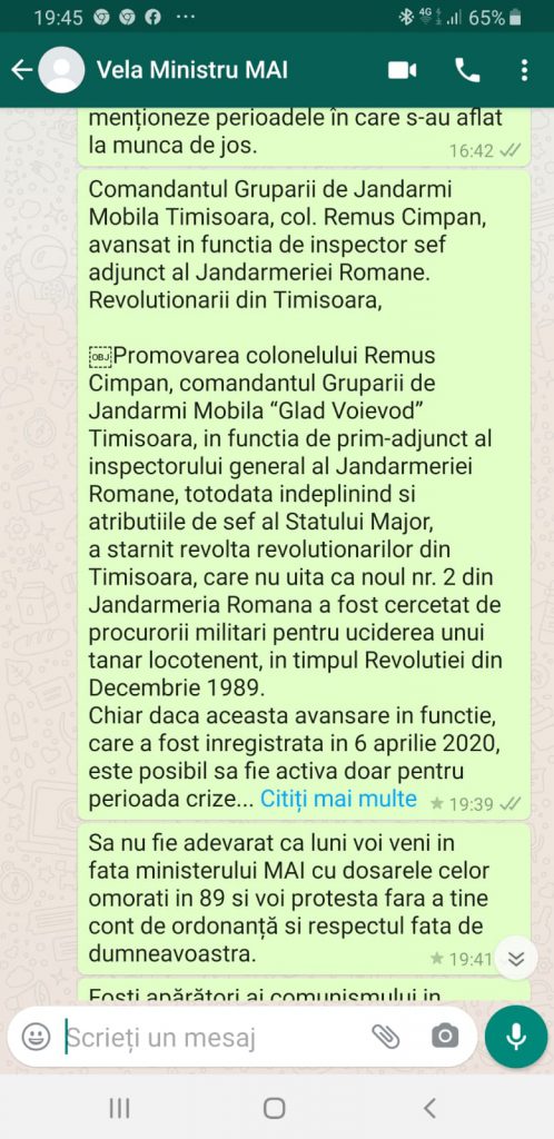 Marcel Vela, în dialog pe WhatsApp despre Remus Cîmpan, colonelul din fruntea Jandarmeriei care și-a ucis un coleg la Revoluție: ”Am verificat cazul, e nevinovat”