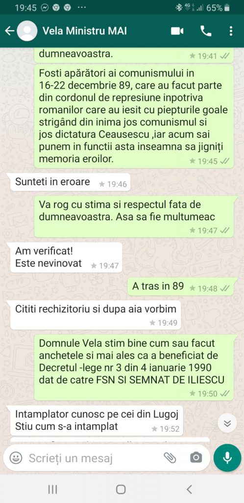 Marcel Vela, în dialog pe WhatsApp despre Remus Cîmpan, colonelul din fruntea Jandarmeriei care și-a ucis un coleg la Revoluție: ”Am verificat cazul, e nevinovat”