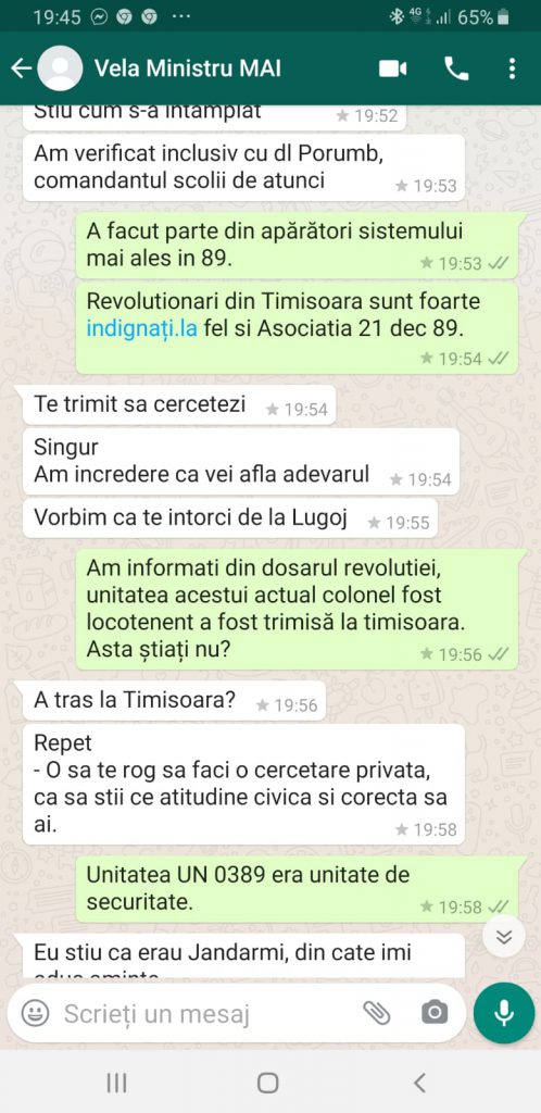 Marcel Vela, în dialog pe WhatsApp despre Remus Cîmpan, colonelul din fruntea Jandarmeriei care și-a ucis un coleg la Revoluție: ”Am verificat cazul, e nevinovat”