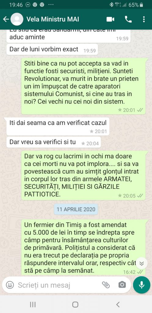 Marcel Vela, în dialog pe WhatsApp despre Remus Cîmpan, colonelul din fruntea Jandarmeriei care și-a ucis un coleg la Revoluție: ”Am verificat cazul, e nevinovat”