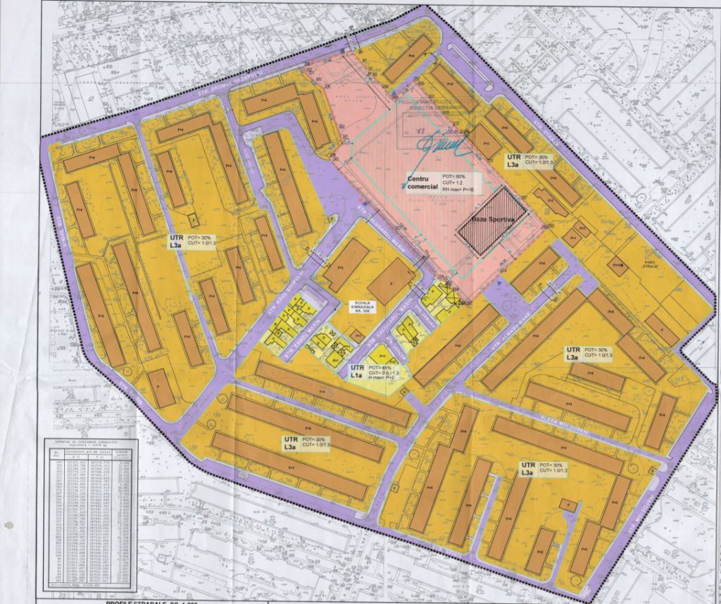 Hipermarketul (dreptunghiul roz) va fi construit între blocuri cu patru etaje. Foto: Proiectul PUZ-ului