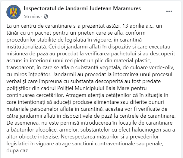 Plic suspect într-un centru de carantină din Maramureș: Este posibil să conțină o substanță halucinogenă