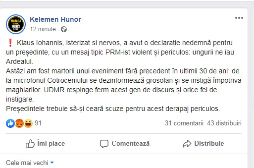 Kelemen Hunor, replică pentru Iohannis: "Isterizat şi nervos, cu un mesaj PRM-ist violent şi periculos"
