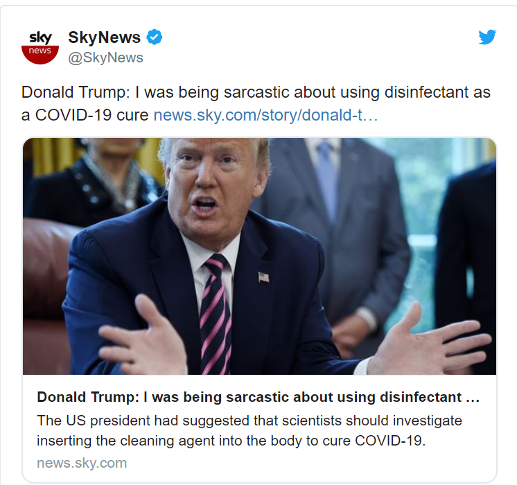Trump se spală pe mâini de dezinfectant: „Am fost sarcastic când am vorbit despre tratarea COVID cu dezinfectant”