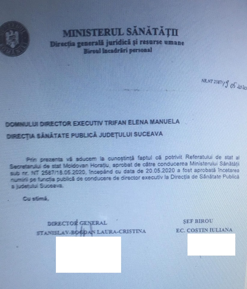 DOCUMENT | Ministerul Sănătății a demis-o pe șefa DSP Suceava, care a dezvăluit erorile de raportare a cazurilor COVID-19. "A făcut și greșeli, dar era incomodă"