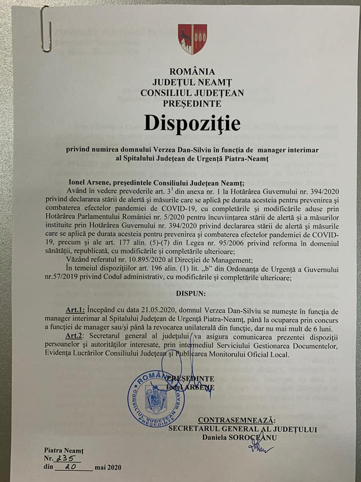 Patronul firmei de pompe funebre ajuns manager la Spitalul Județean Neamț a fost demis. Președintele CJ Ionel Arsene: “Nu accept compromisuri și bătăie de joc”