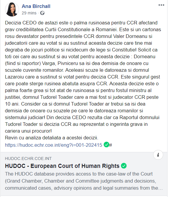 Birchall, după decizia CEDO din dosarul Kovesi: Este și un cartonaș roșu devastator pentru președintele CCR, Valer Dorneanu. Să-și dea demisia