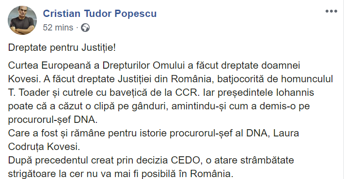 CTP, după decizia CEDO în cazul Kovesi: A făcut dreptate Justiţiei din România, batjocorită de homunculul T. Toader şi cutrele cu baveţică de la CCR