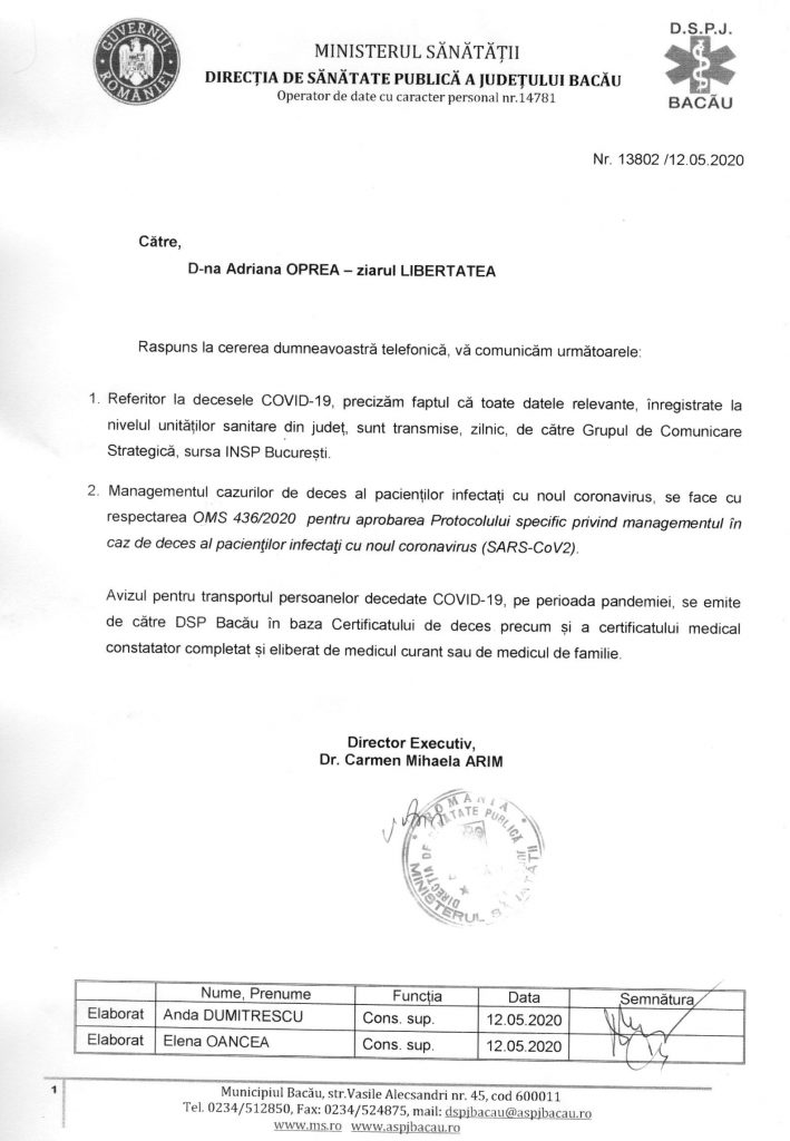 Spitalul Județean Bacău a dat exclusivitate unei firme de pompe funebre pe înmormântările COVID-19. Rudele decedaților, puse să plătească costumele de protecție ale angajaților