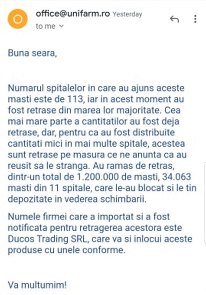 EXCLUSIV: Importatorul celor 1,2 milioane de măști COVID periculoase, distribuite de Unifarm în 113 spitale din toată România, a avut firmă offshore cu Streinu-Cercel