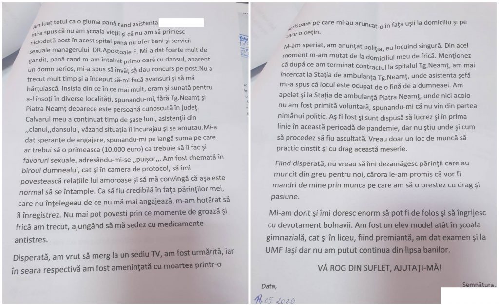 AUDIO | Fostul manager de la spitalul Tg. Neamț, înregistrat când îi face avansuri sexuale unei voluntare care dorea să se angajeze ca asistentă. “Alta avea orgasm cu mine de 2-3 ori pe seară”