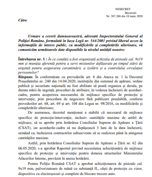 Cum justifică IGPR achiziția de armament în valoare de 10 milioane de euro, făcută în ultima zi a stării de urgență