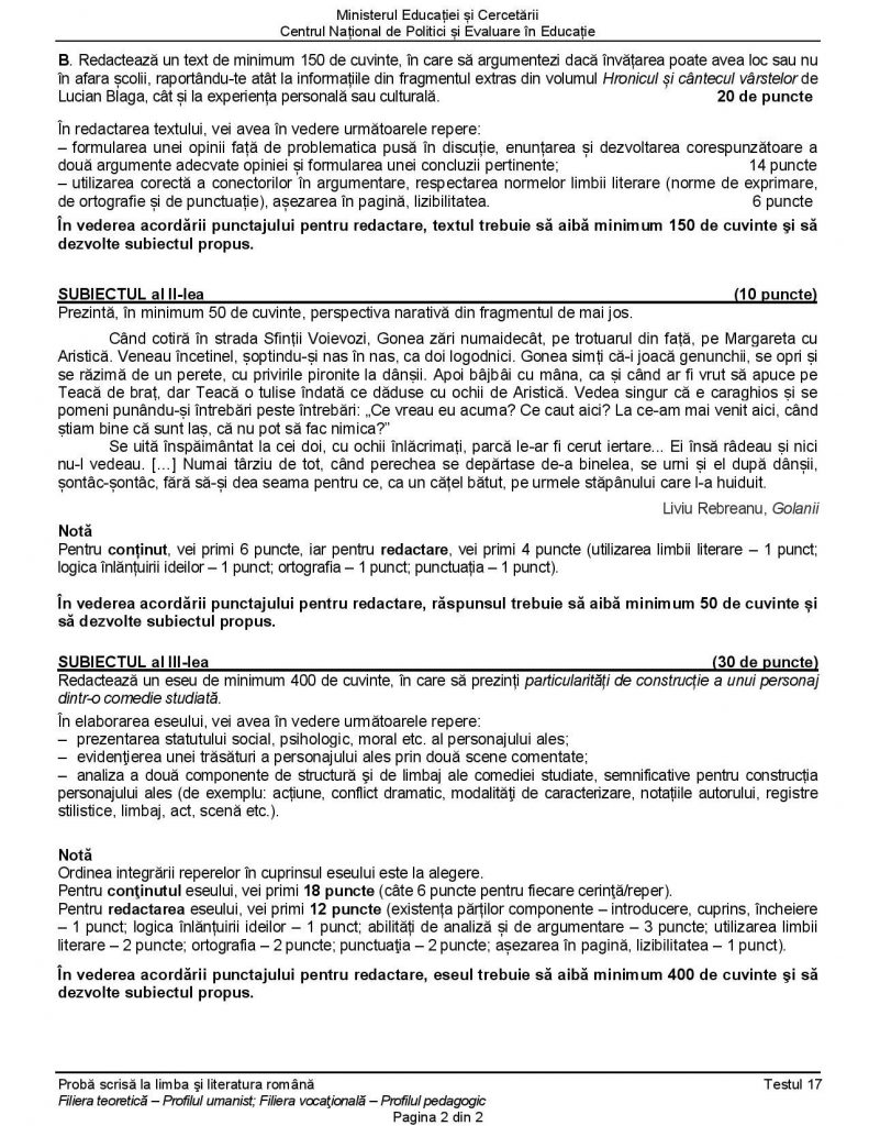 Comedia, subiectul III la Română la BAC 2020, a fost și în testul de antrenament publicat de minister