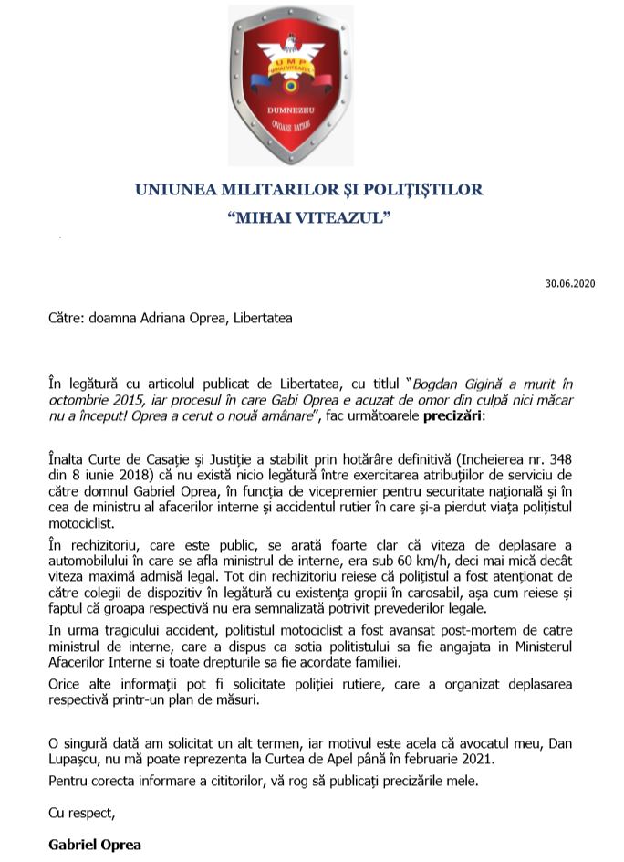 Gabi Oprea spune că a angajat-o pe soția lui Gigină în minister după moartea polițistului și că e treaba Poliției Rutiere cum a făcut schema de deplasare!