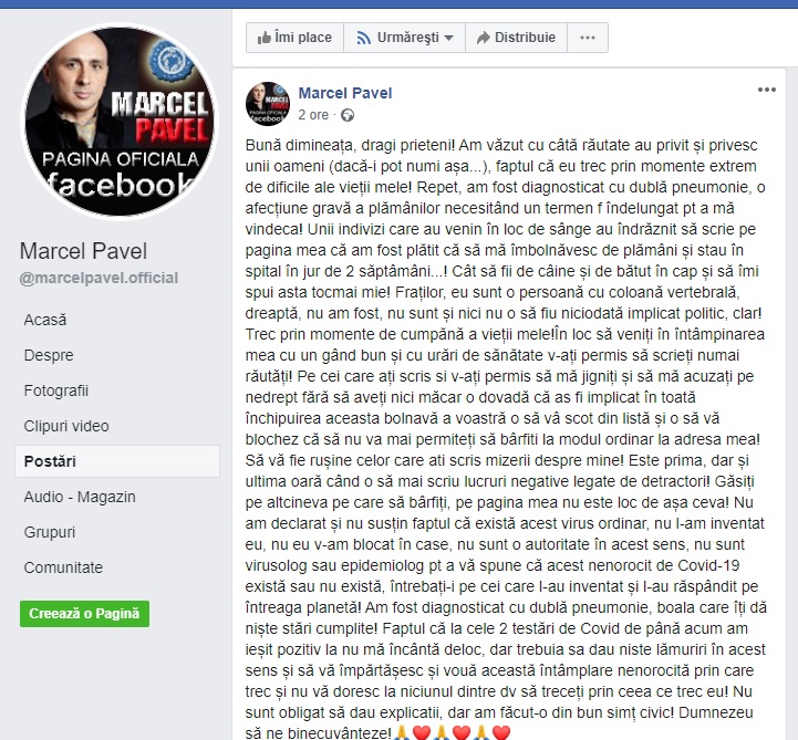 Marcel Pavel, mesaj straniu din spital despre COVID-19: „Întrebați-i pe cei care l-au inventat și l-au răspândit pe întreaga planetă!”