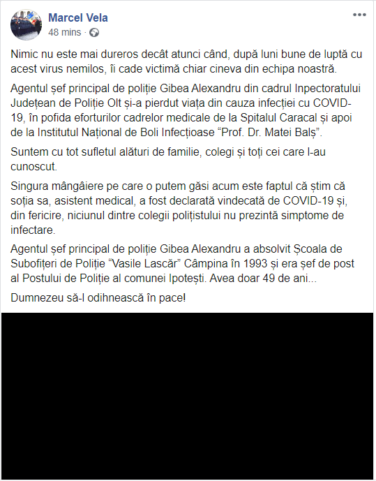 Marcel Vela, reacție după moartea polițistului răpus de coronavirus: “Nimic nu este mai dureros”