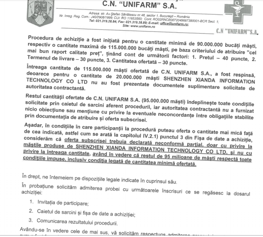 Licitația pentru cele 115 milioane de măști, contestată chiar de Unifarm, compania din subordinea Ministerului Sănătății care lansase procedura