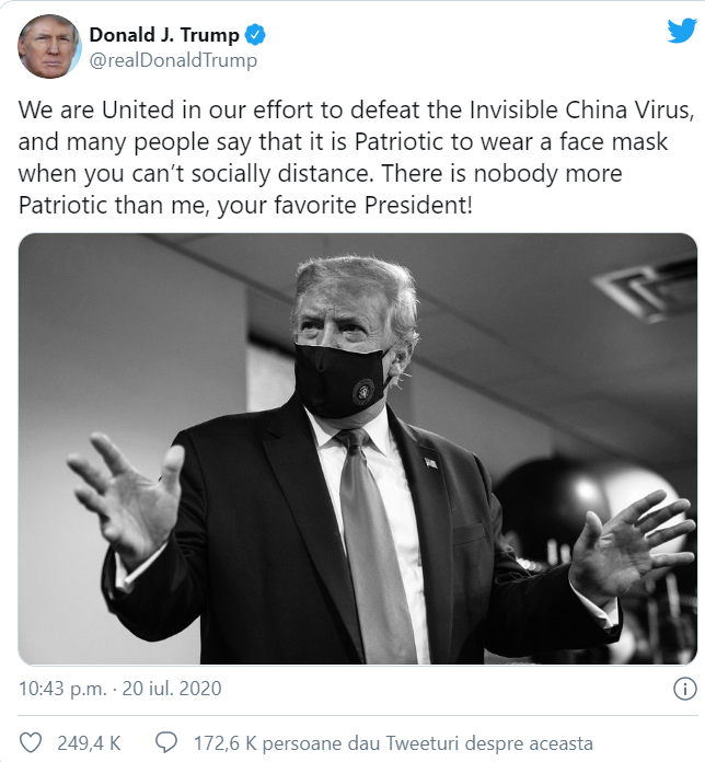Donald Trump s-a răzgândit: “Purtatul măștii, un gest patriotic. Nu este nimeni mai patriot decât mine”