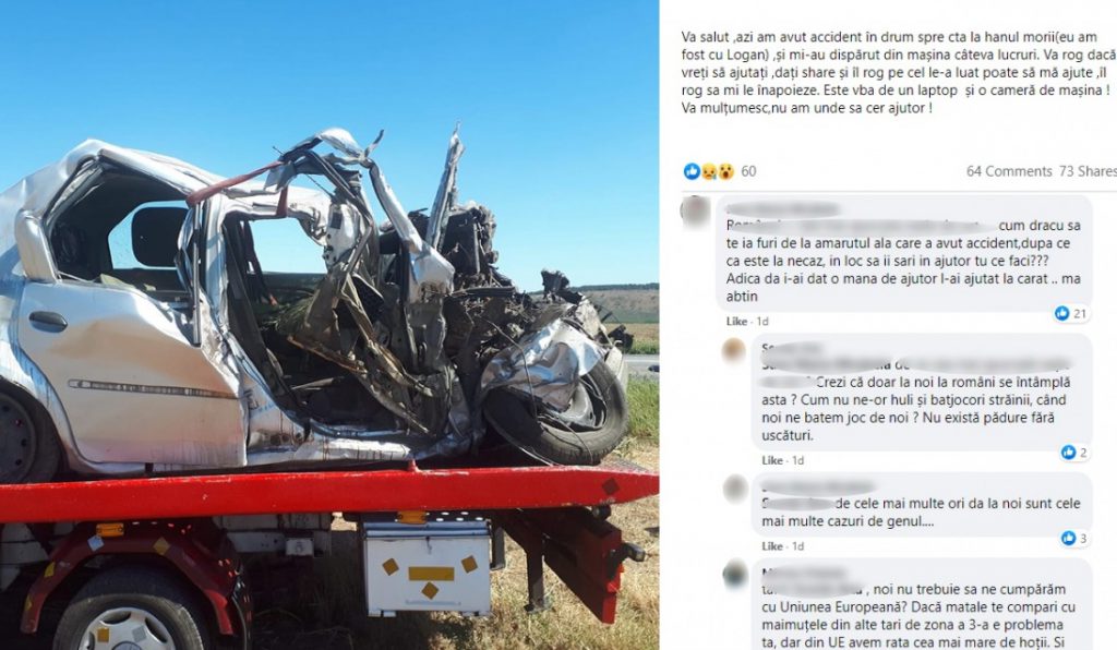 Un șofer a rămas încarcerat și a fost jefuit de martori, după un accident rutier. Bărbatul cere ajutor pe rețelele de socializare