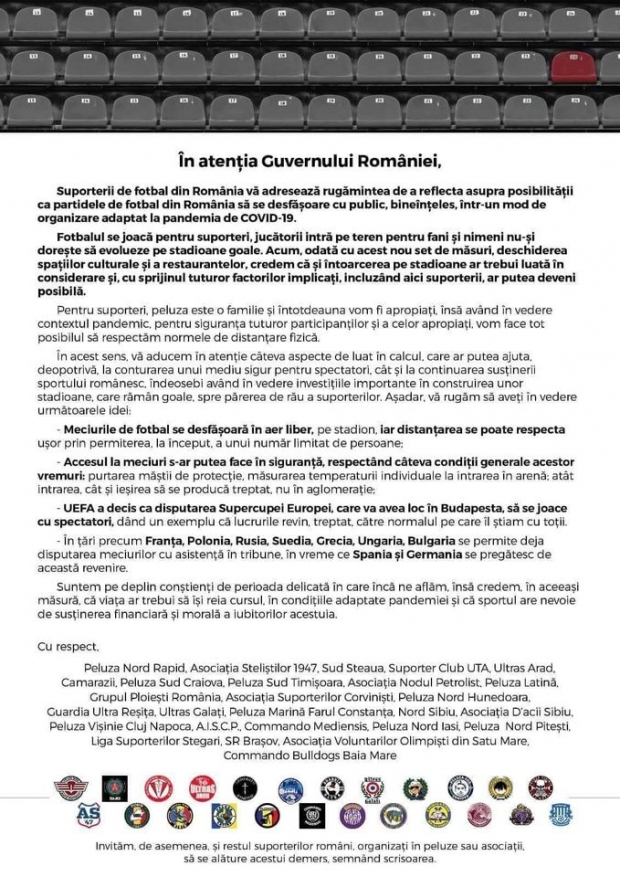 În plină pandemie, suporterii de la mai multe echipe de fotbal cer guvernului reluarea meciurilor cu spectatori