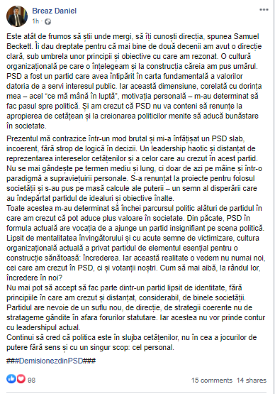 Daniel Breaz, fost ministru al culturii, a demisionat din PSD: „S-a renunțat la proiecte pentru folosul societății și s-au pus pe masă calcule ale puterii ”