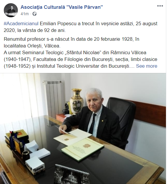 Academicianul Emilian Popescu a murit la vârsta de 92 de ani
