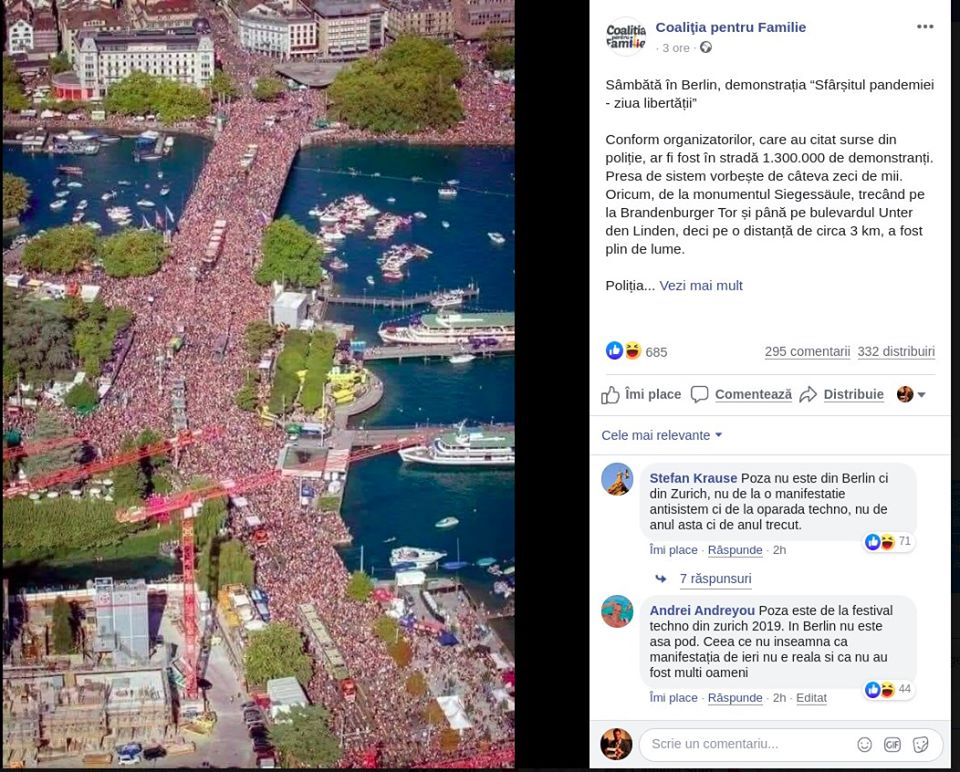 Fake news promovat de Coaliția pentru Familie. Protestul de la Berlin, ilustrat cu o poză de la o petrecere tehno din Zurich