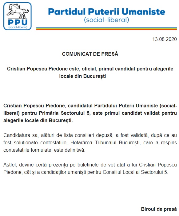 Tribunalul București a respins contestația împotriva lui Piedone. Partidul său îl anunță ca „primul candidat la alegerile locale din Capitală”