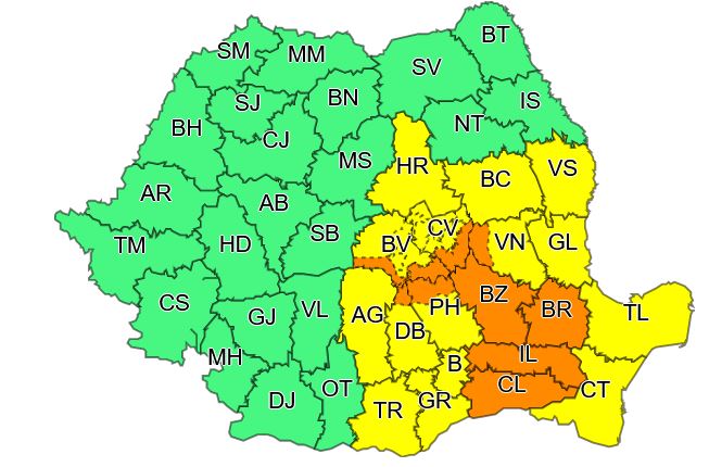Cod portocaliu și cod galben de ploi torențiale, grindină și vijelii până vineri noapte. Harta zonelor vizate