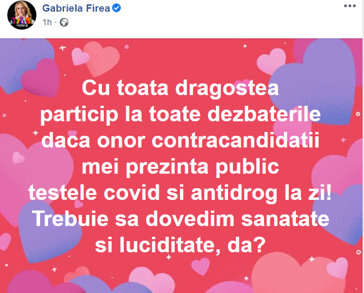 Firea anunță că participă la dezbateri cu contracandidații săi doar dacă aceștia își fac testele antidrog și COVID-19