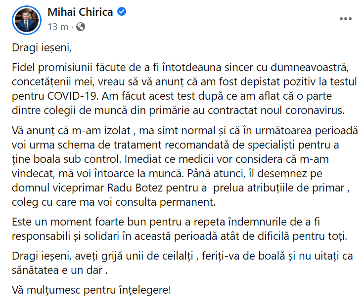Primarul Mihai Chirica, confirmat cu COVID-19. Edilul a participat vineri la o ceremonie și a împărțit diplome