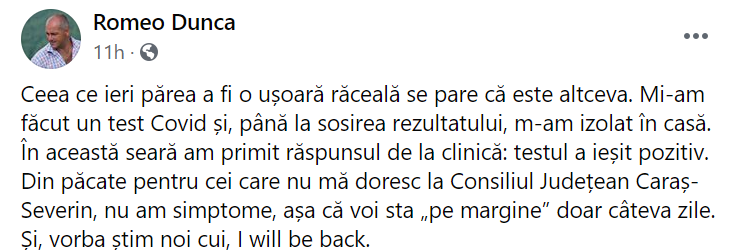 Noul preşedinte al Consiliului Judeţean Caraş-Severin, infectat cu Covid-19. Romeo Dunca a avut zeci de întâlniri în ultimele zile