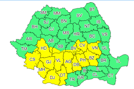 Cod galben de ploi torențiale, valabil din seara asta până vineri. Care sunt județele vizate