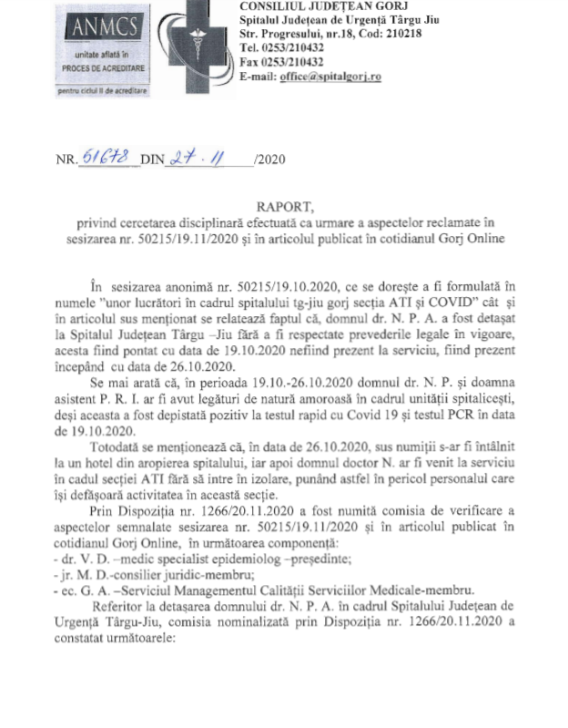 Ce arată raportul în cazul asistentei și medicului de la spitalul din Gorj acuzați că au întreținut relații intime la ATI
