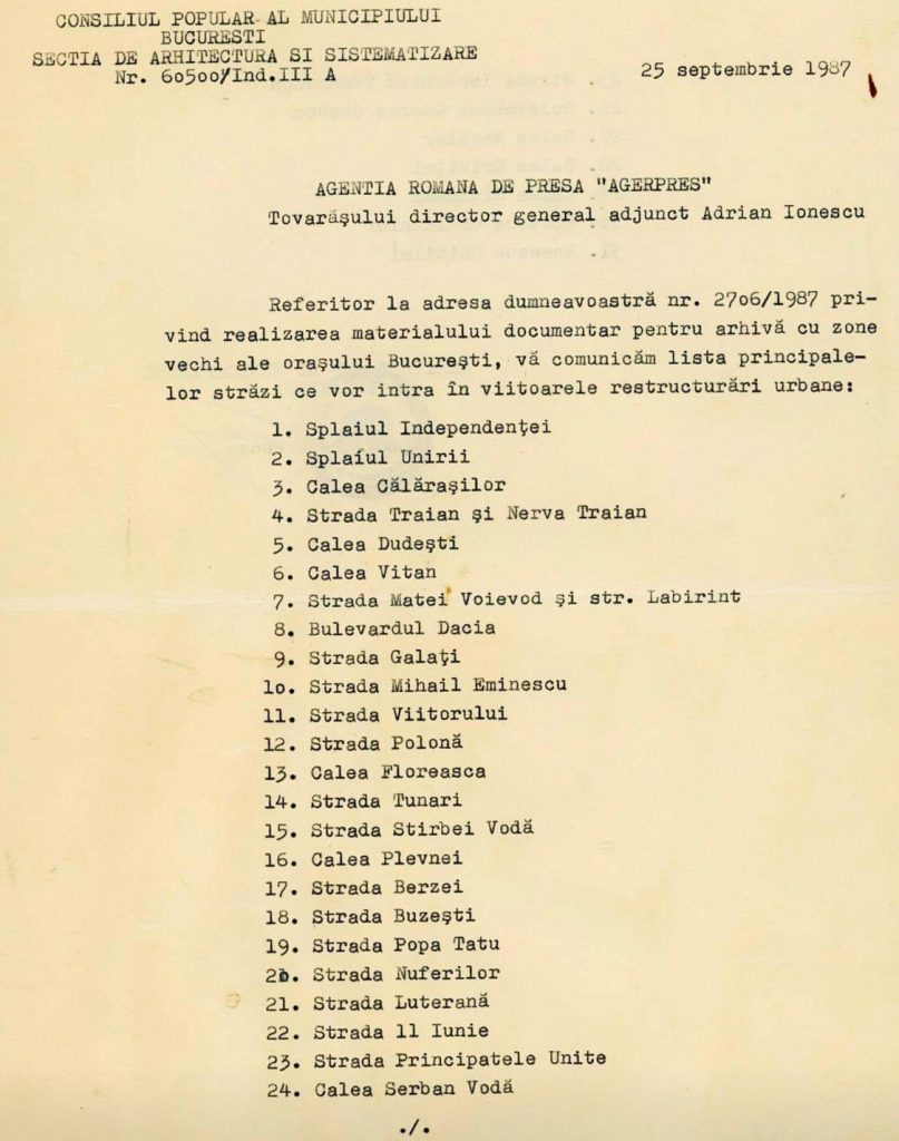Document | Lista străzilor care urmau să fie demolate de Ceaușescu în București, dacă nu venea Revoluția