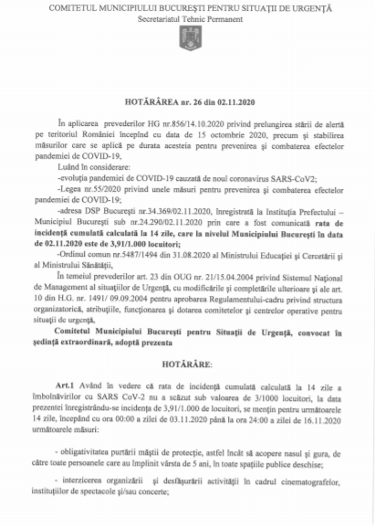Restricțiile care intră in vigoare de la miezul nopții, în București. Masca rămâne obligatorie în aer liber