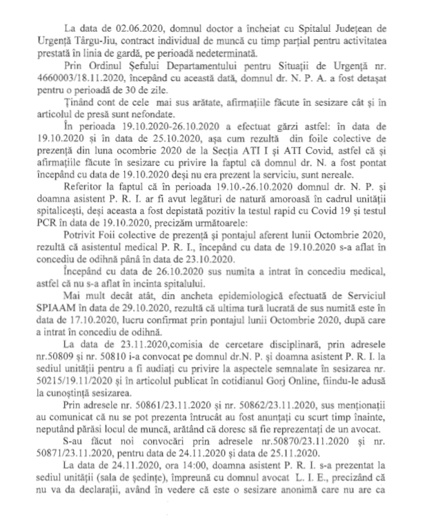 Ce arată raportul în cazul asistentei și medicului de la spitalul din Gorj acuzați că au întreținut relații intime la ATI