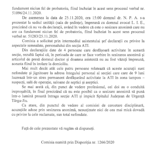 Ce arată raportul în cazul asistentei și medicului de la spitalul din Gorj acuzați că au întreținut relații intime la ATI