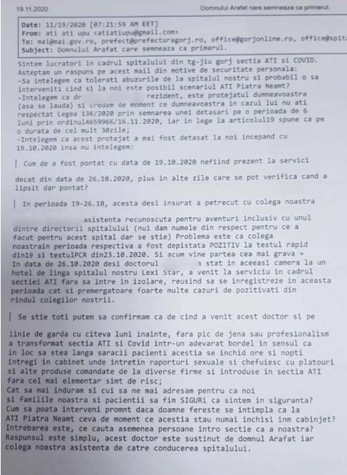 Ce arată raportul în cazul asistentei și medicului de la spitalul din Gorj acuzați că au întreținut relații intime la ATI
