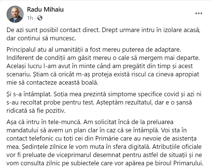Primarul sectorului 2 intră în izolare: Soția mea prezintă simptome specifice COVID