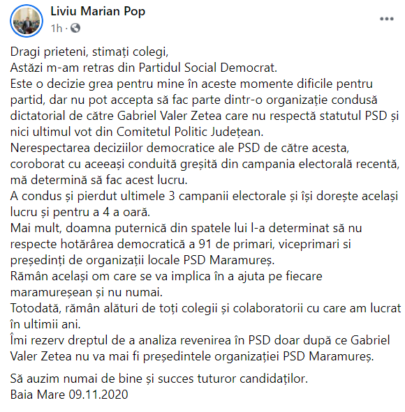 Liviu Pop pleacă din PSD: “Nu pot accepta să fac parte dintr-o organizație condusă dictatorial de către Gabriel Valer Zetea”