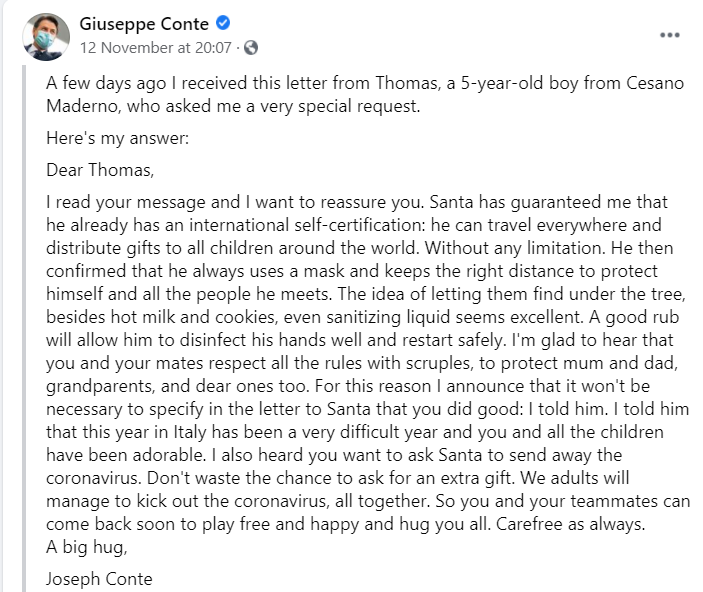 Ce i-a scris premierul Italiei unui copil de 5 ani care l-a întrebat dacă Moș Crăciun mai poate să vină când sunt restricții