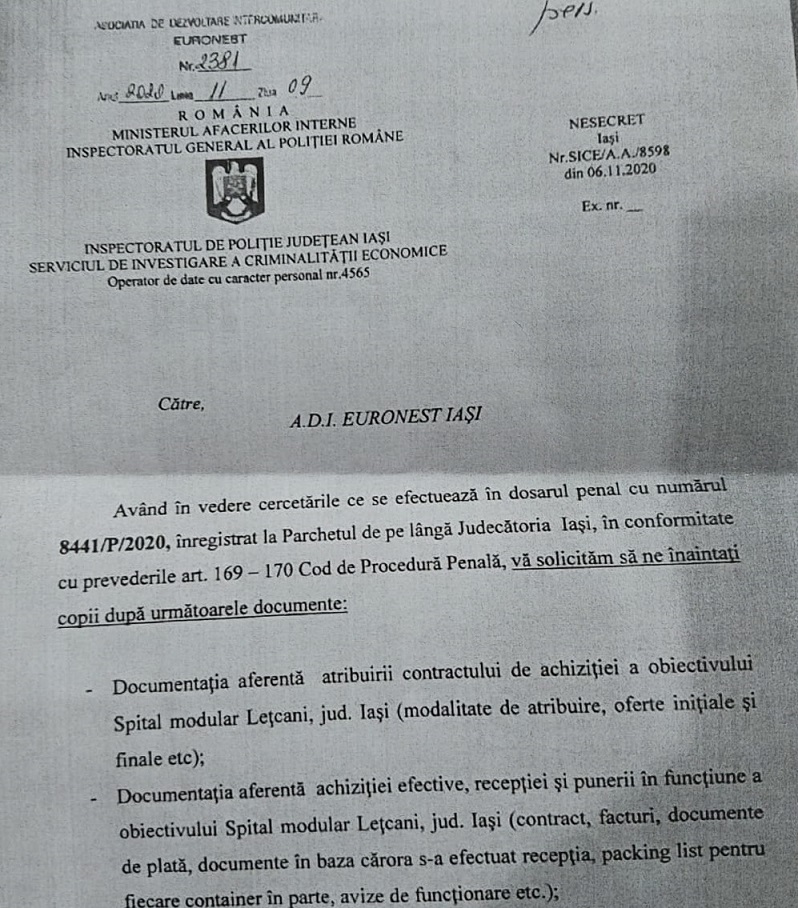 Dosar penal legat de modul în care a fost construit spitalul modular COVID-19 de la Lețcani