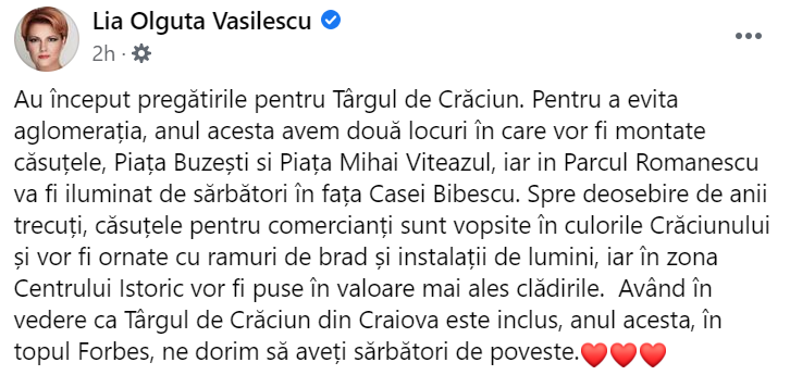 Olguța Vasilescu face Târg de Crăciun la Craiova, deși rata de infectare în oraș a trecut de 6 la mia de locuitori